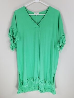 Umgee Size S Green Linen Blend V Neck Ruffle Short Sleeve Fringed Trim Tunic Top